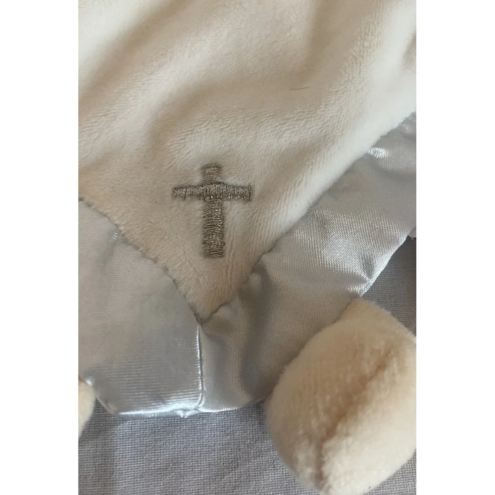 B Boutique White Lamb Lovey with Cross Baby Security Blanket Plush Toy Satin